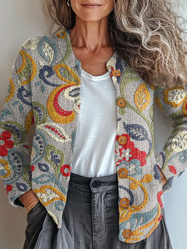 Vintage Flower Art Print Buttoned Cardigan Sweater