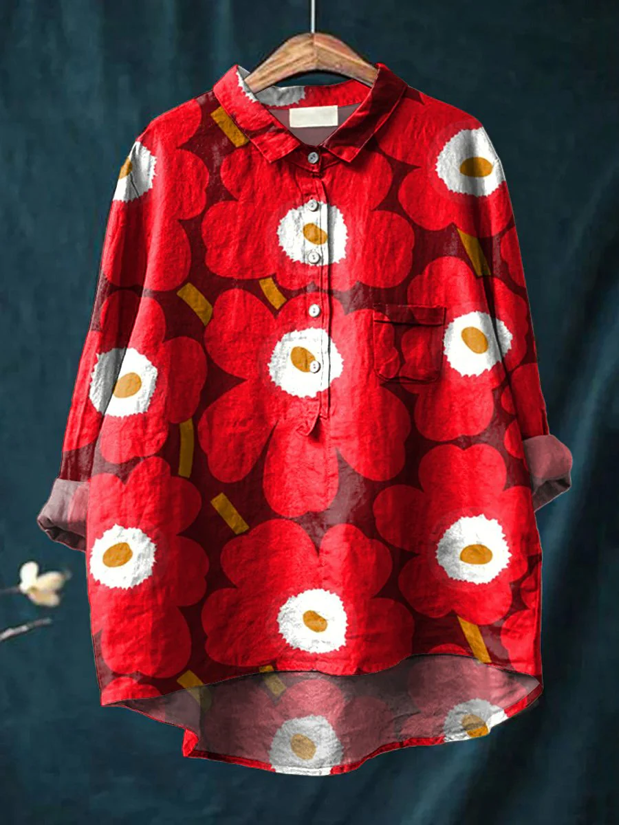 Red Poppy Floral Pattern Printed Women's Casual Cotton And Linen Shirt