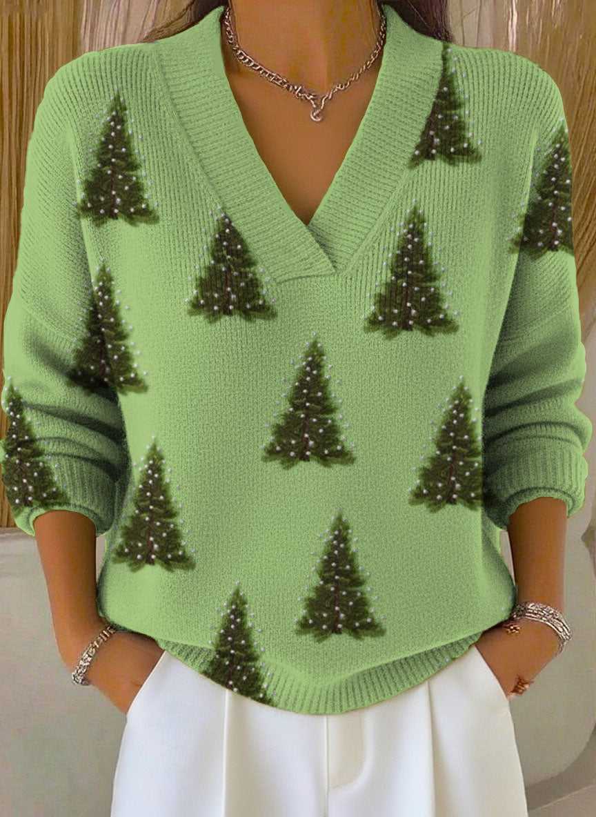 Women's Christmas Tree Art Print Buttoned Cardigan Sweater