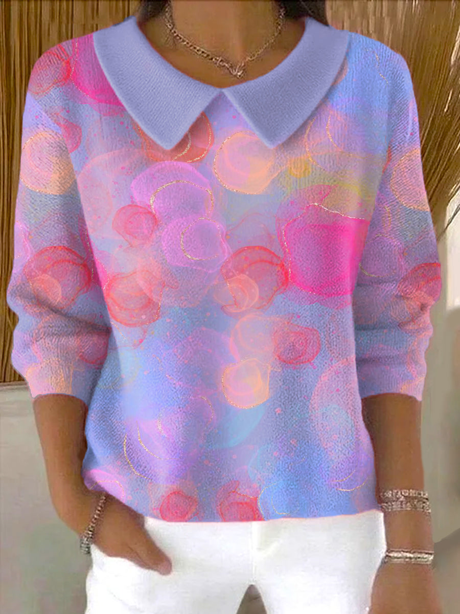 Women's Irregular Color Gradient Printing Casual Peter Pan Collar 3/4 Sleeve Sweater