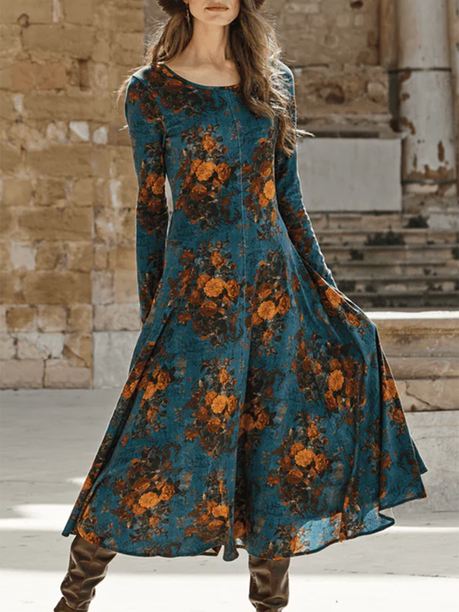 Autumn Garden Vintage Print Soft Crew Neck Dress