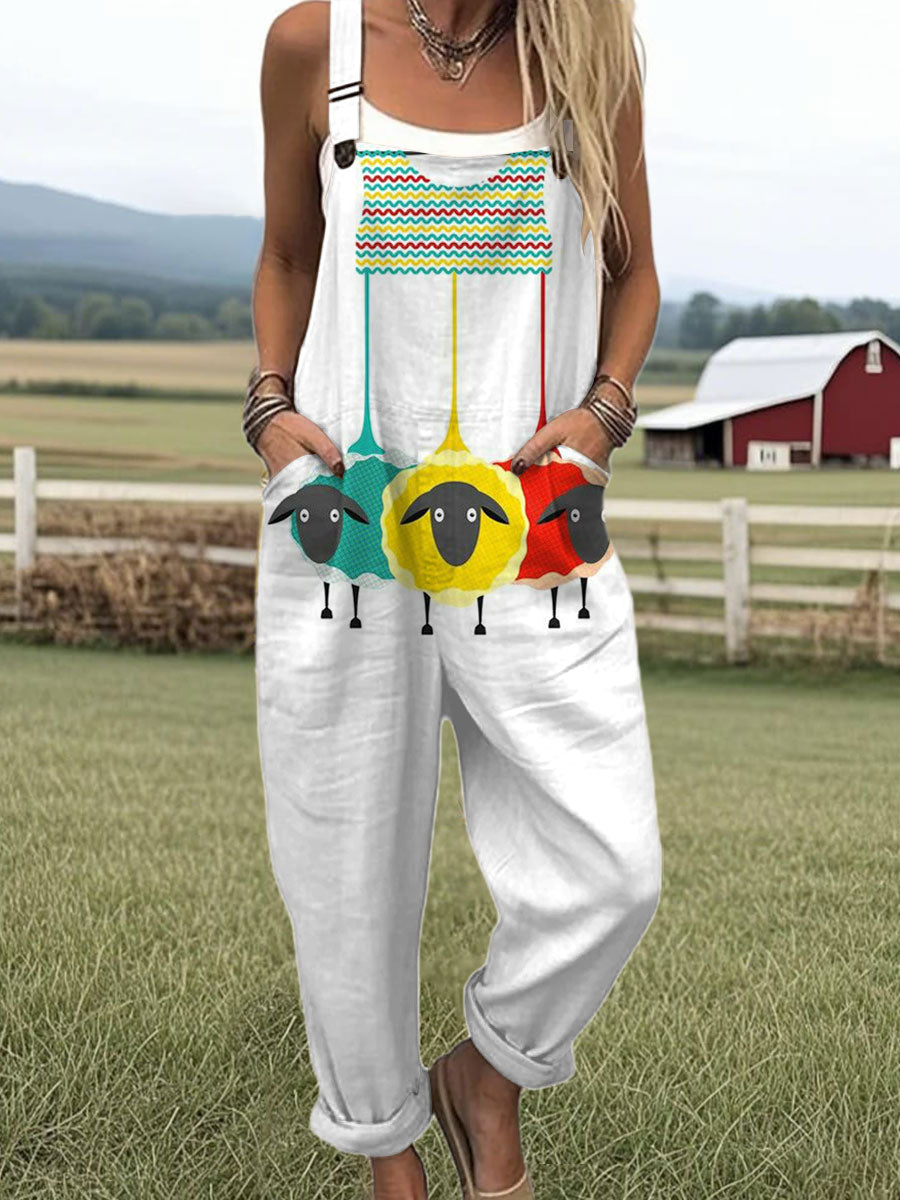 Women's  Funny Sheep Art Print Casual 100% Cotton Wide Leg Jumpsuit