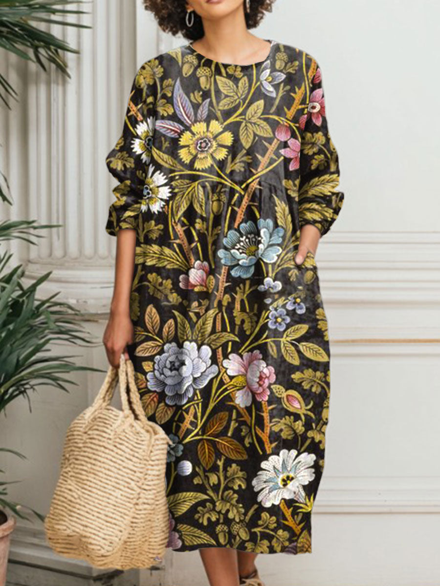 Women's Vintage Flower Art Print Pocket Cotton Dress