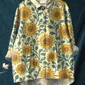 Women's Simple Sunflower Floral Pattern Art Print Casual Cotton And Linen Ruffle Shirt