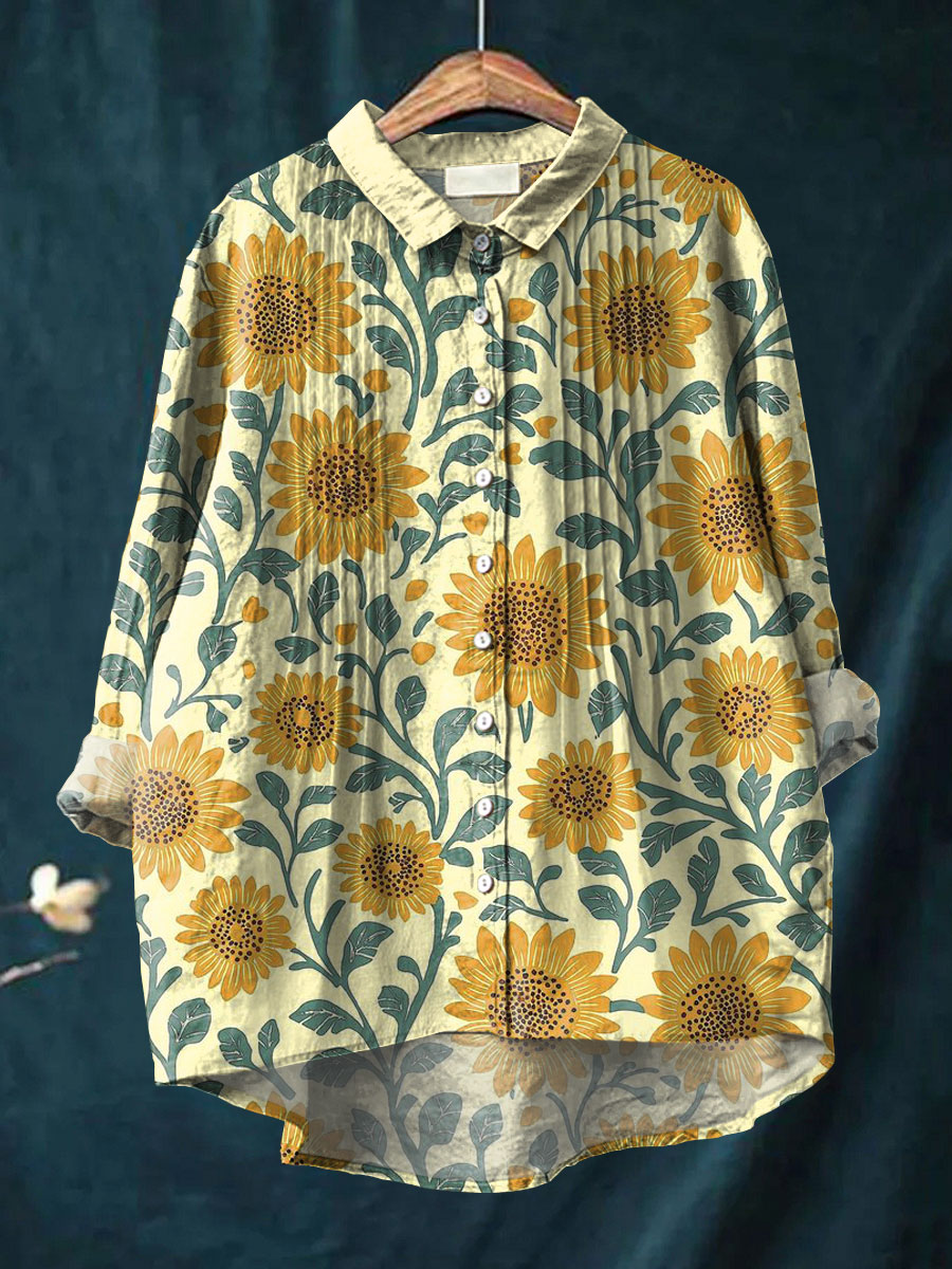 Women's Simple Sunflower Floral Pattern Art Print Casual Cotton And Linen Ruffle Shirt