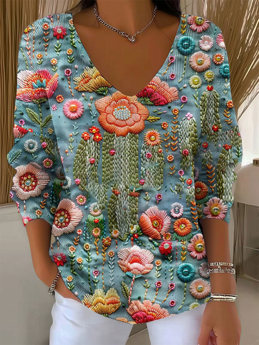 Women's Vintage Floral Art Print Casual Pullover Sweater