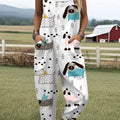 Women's Farm Funny Art  Print Casual 100% Cotton Wide Leg Jumpsuit
