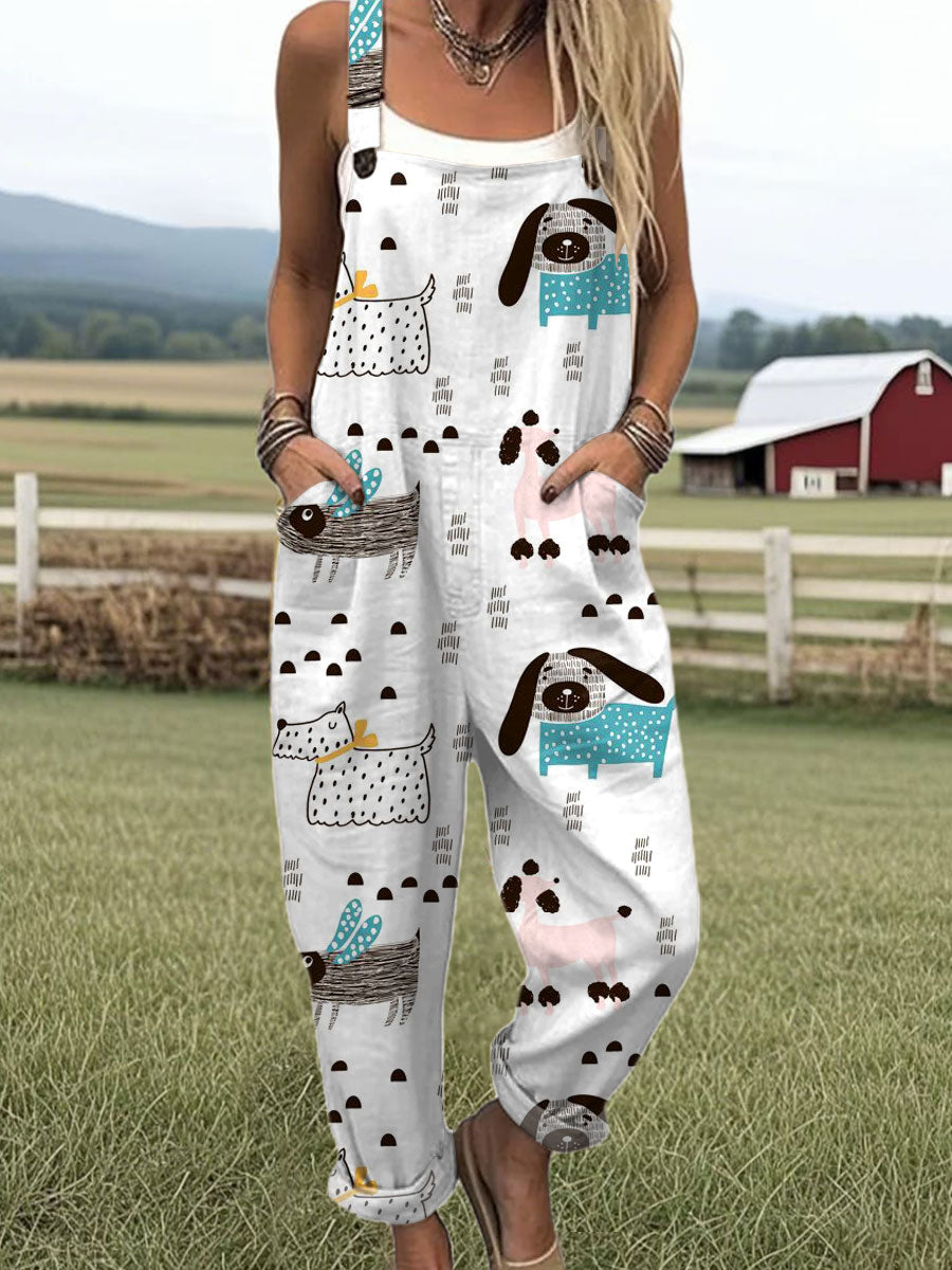 Women's Farm Funny Art  Print Casual 100% Cotton Wide Leg Jumpsuit