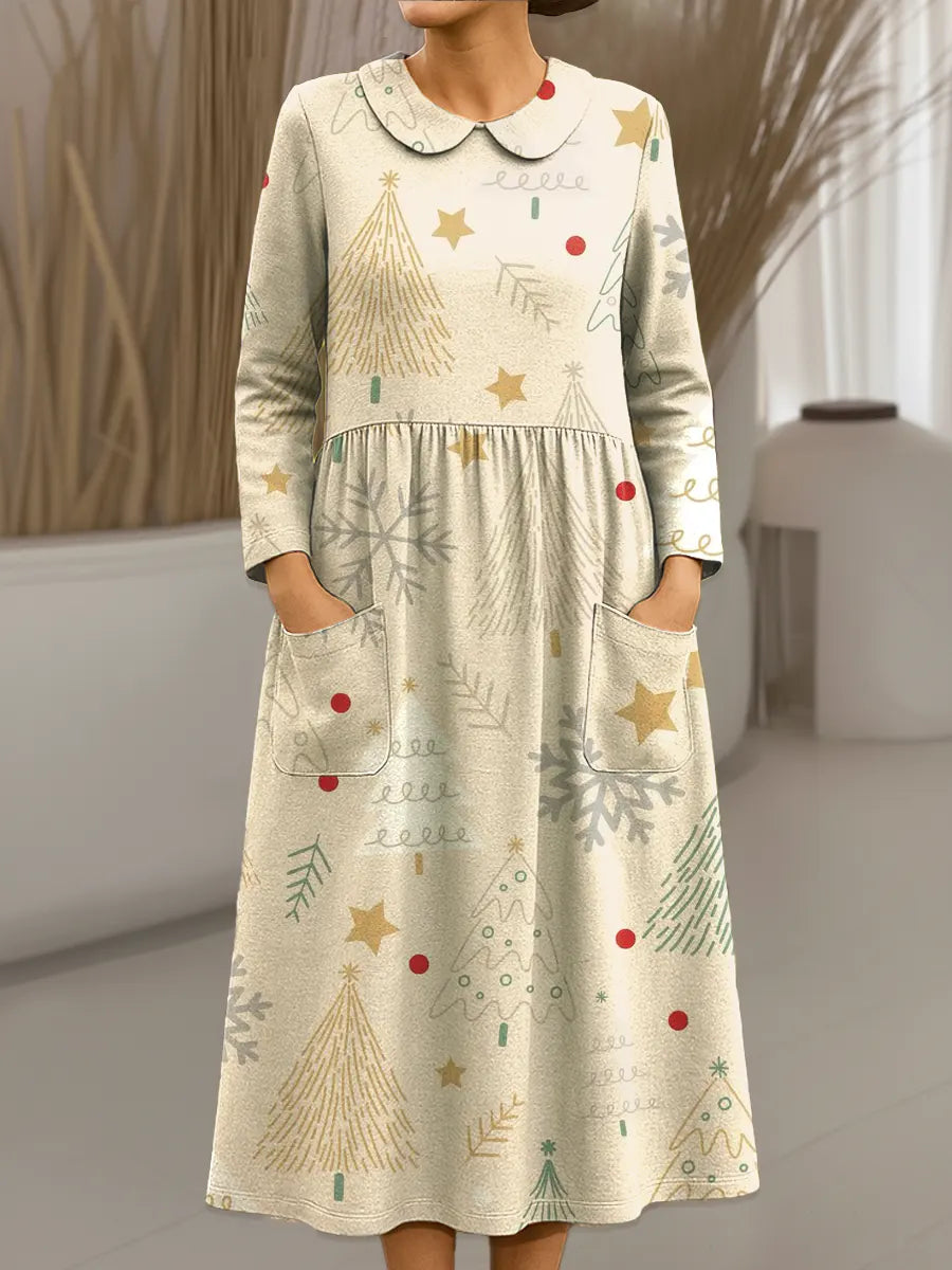 Women's Vintage Christmas Tree Art Print Cotton Lapel Button-Down Shirt Dress