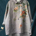 Women's Vintage Ethnic Floral Art Print Casual Cotton And Linen Shirt