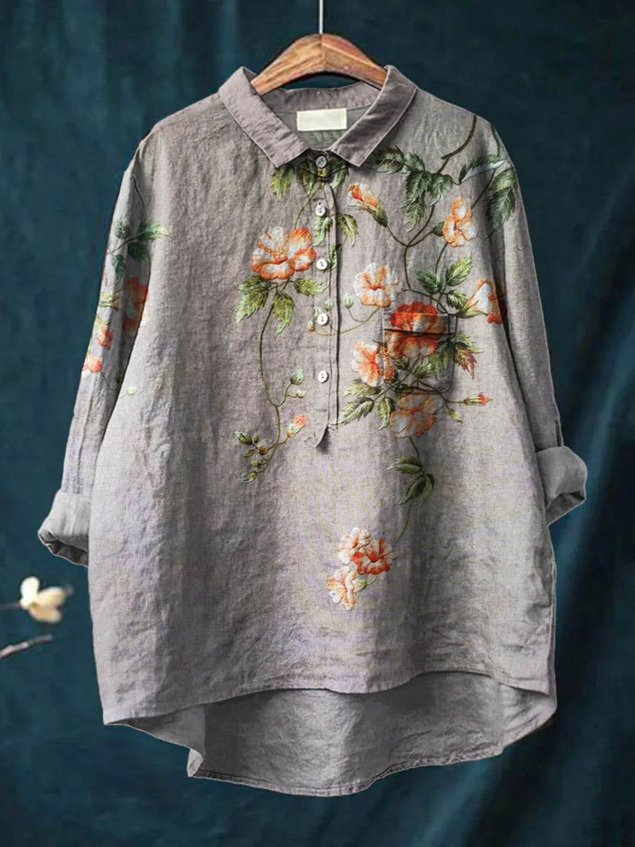 Women's Vintage Ethnic Floral Art Print Casual Cotton And Linen Shirt