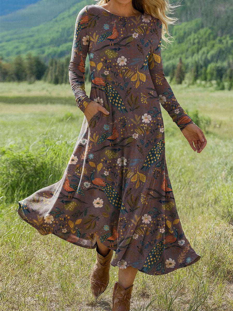 Women's Vintage  Flower Art Print Long-sleeved Dress