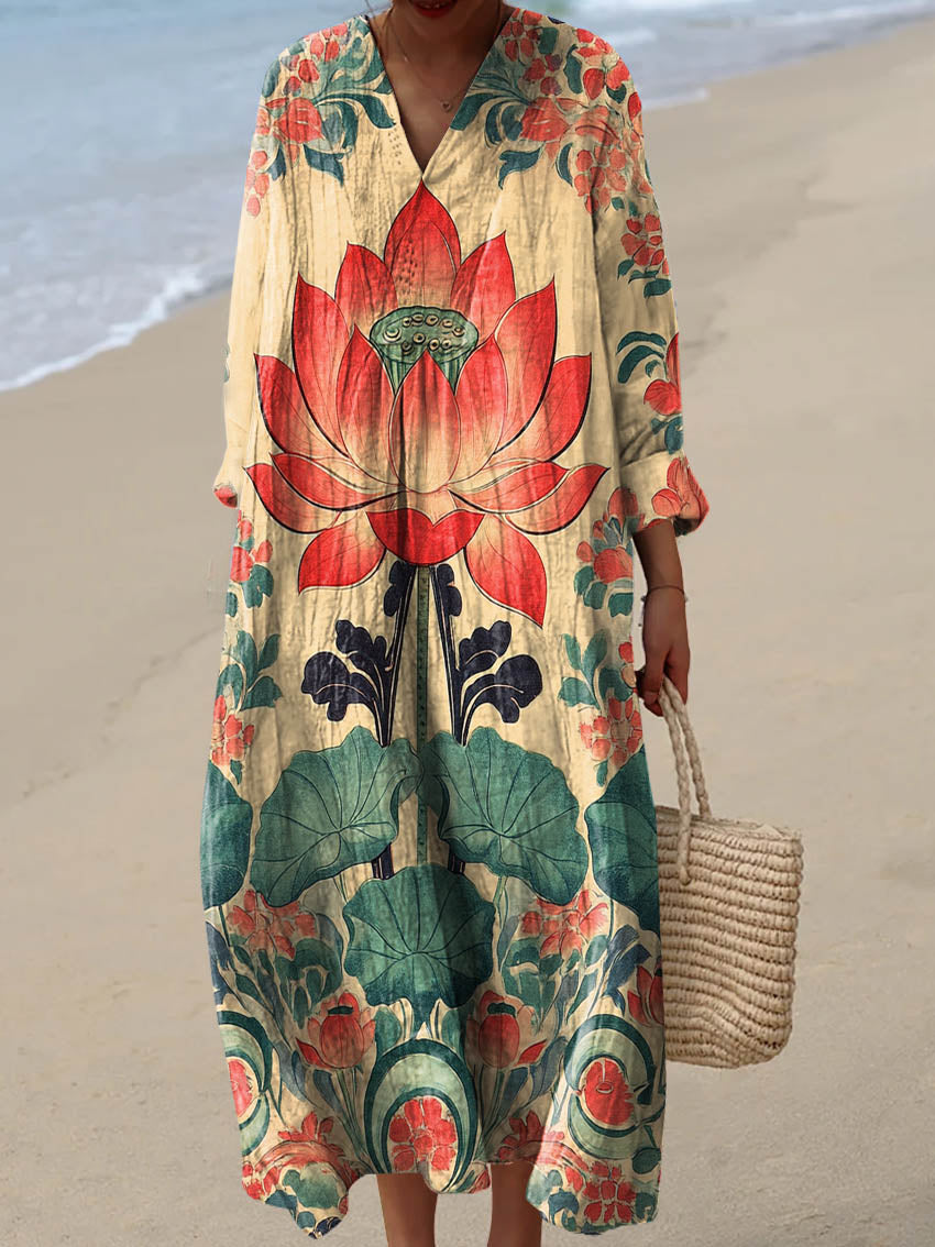 Women's Vintage Lovely Floral Art Print Cotton Dress