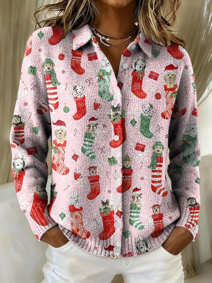 Women's Christmas Cute Puppy Print Printed Collared Sweater