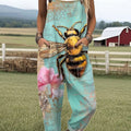 Women's Vintage Funny Bee Art Print Casual 100% Cotton Wide Leg Jumpsuit
