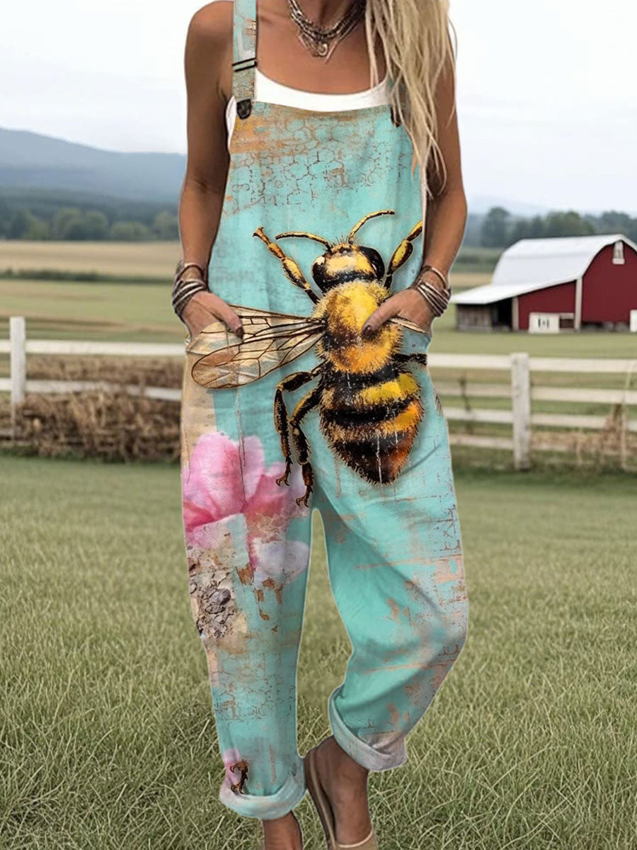 Women's Vintage Funny Bee Art Print Casual 100% Cotton Wide Leg Jumpsuit