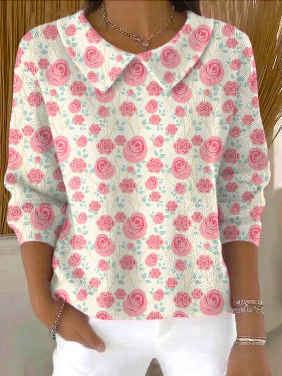 womens-lovely-floral-art-print-casual-peter-pan-collar-3-4-sleeve-sweater-qmjf