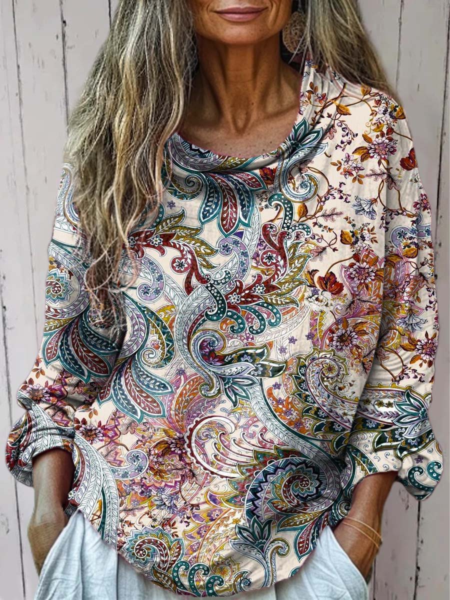 Women's Vintage Floral Art Print Casual Long Sleeve Comfortable Cotton Shirt