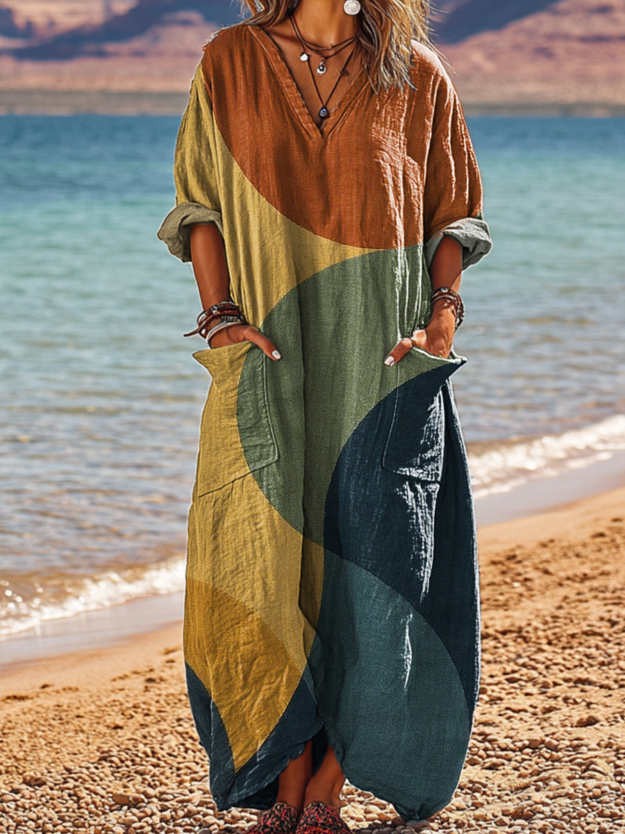 Women's Vintage Abstract Color Block Painting Art Print Pocket V-neck Cotton Dress