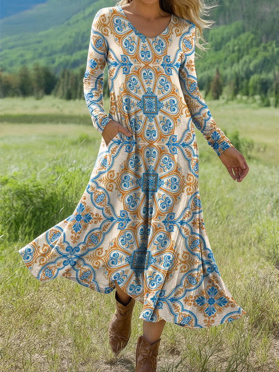Women's Floral Print Art Print Long-sleeved Dress