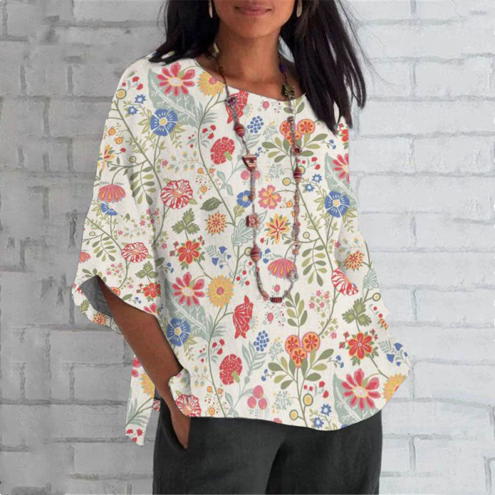 Women'S Pastoral Floral Art Print Cotton Linen Casual Mid-Sleeve T-Shirt
