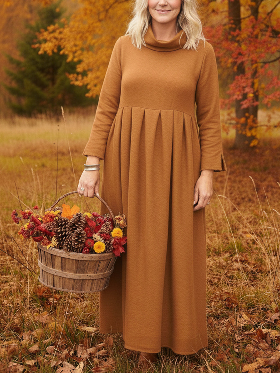 Elegant and Classic Solid Color Cowl Neck Pleated Midi Dress