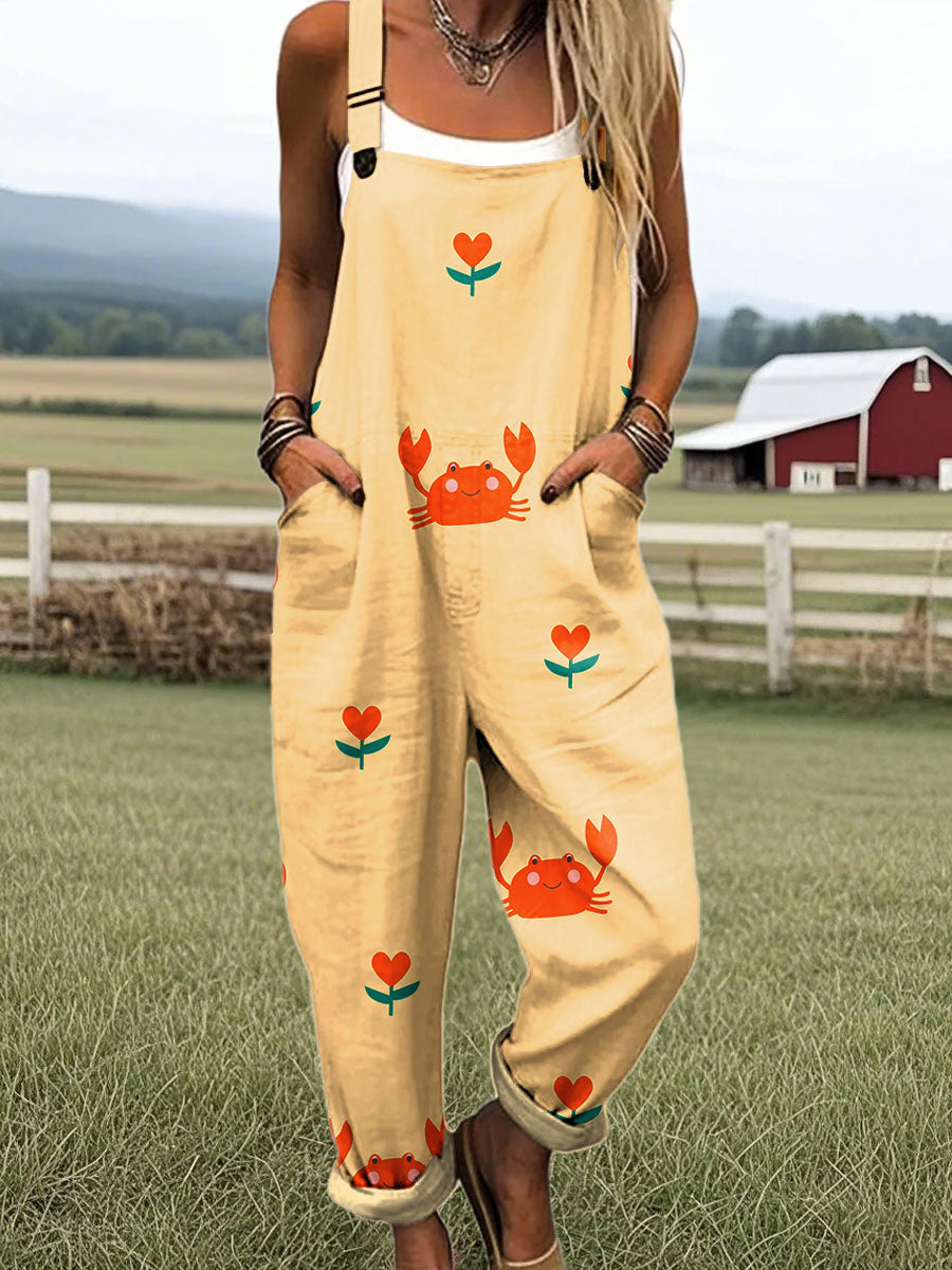 Women's Colorful Crab Art Pattern Print Casual 100% Cotton Jumpsuit