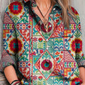 Women's Vintage Ethnic Rhombus Geometric Painting Art Print Casual Cotton And Linen Shirt