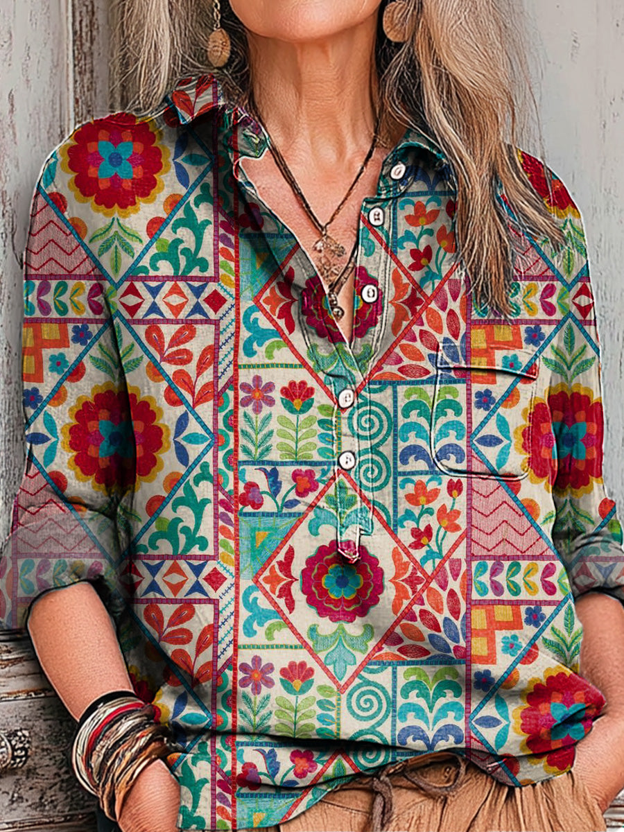 Women's Vintage Ethnic Rhombus Geometric Painting Art Print Casual Cotton And Linen Shirt