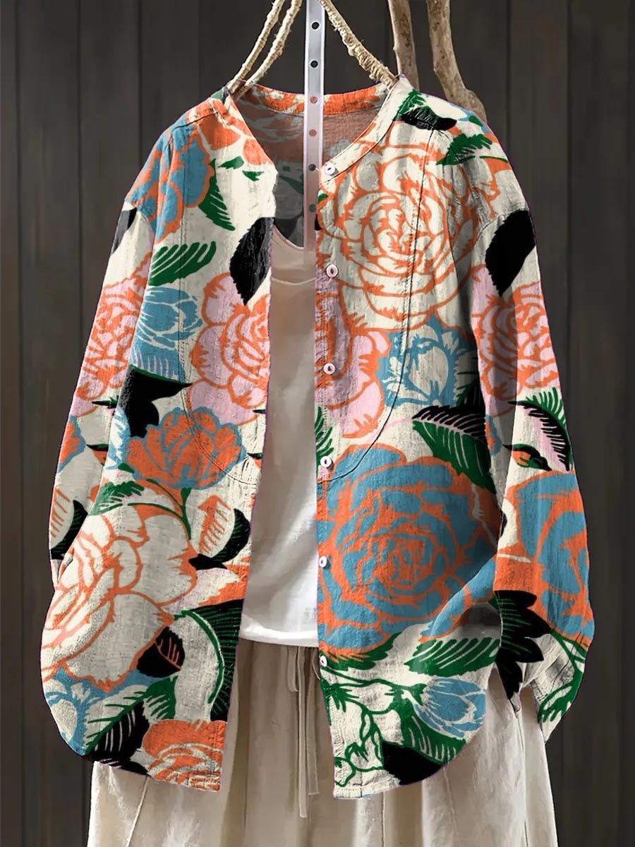 Women's Colorful Roses Print Casual Cotton And Linen Shirt