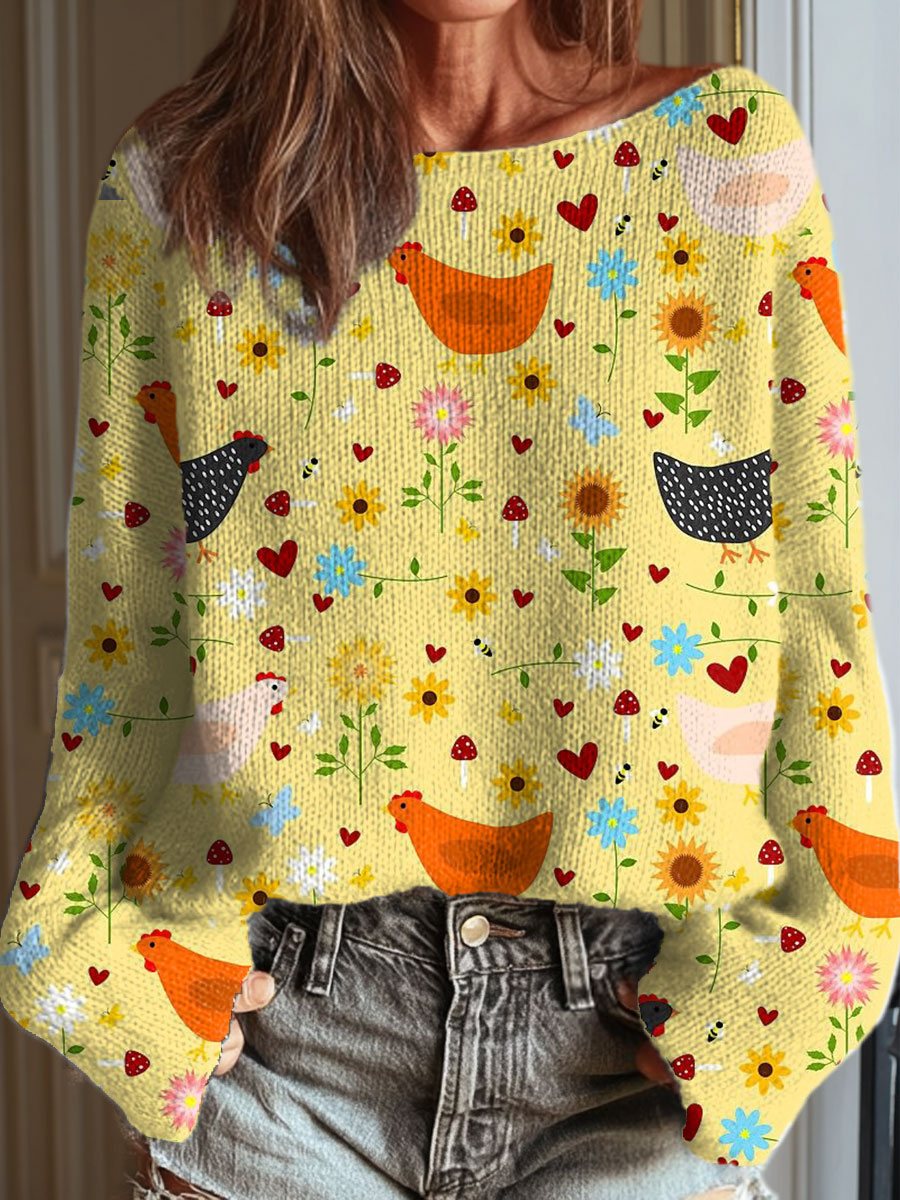 womens-funny-chicken-art-print-casual-pullover-sweater-swia