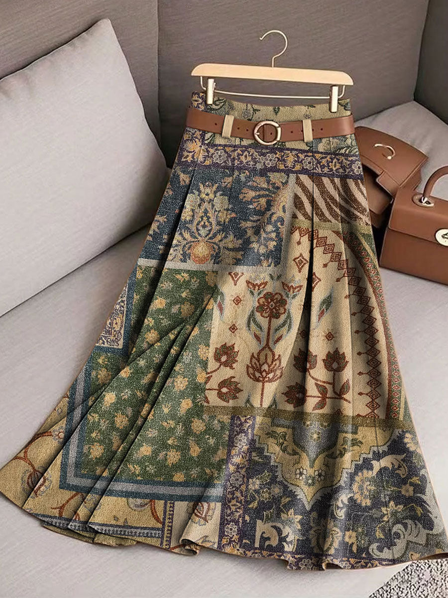 Women's Retro Splicing Flowers Pattern Casual Print Cotton Skirt