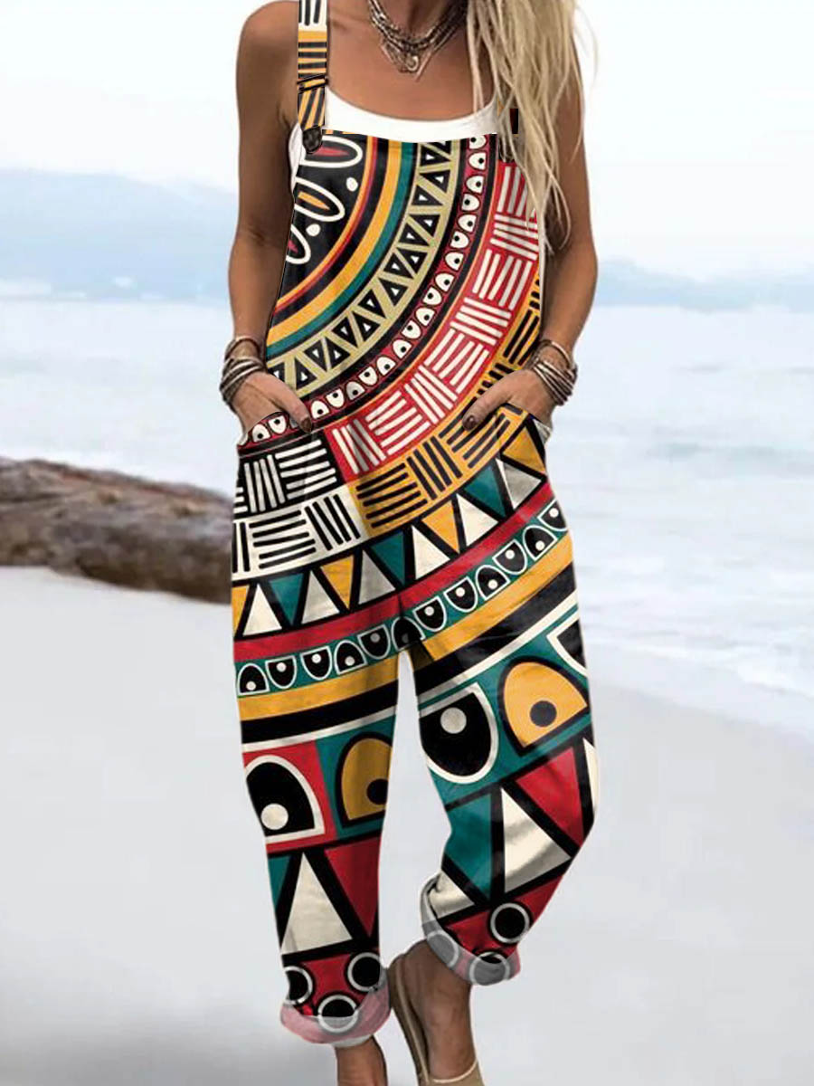 Women's Vintage Ethnic Pattern Art Print Casual 100% Cotton Wide Leg Jumpsuit