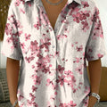 Artistic Floral-print Short-sleeve Collared Shirt With Half-button Placket