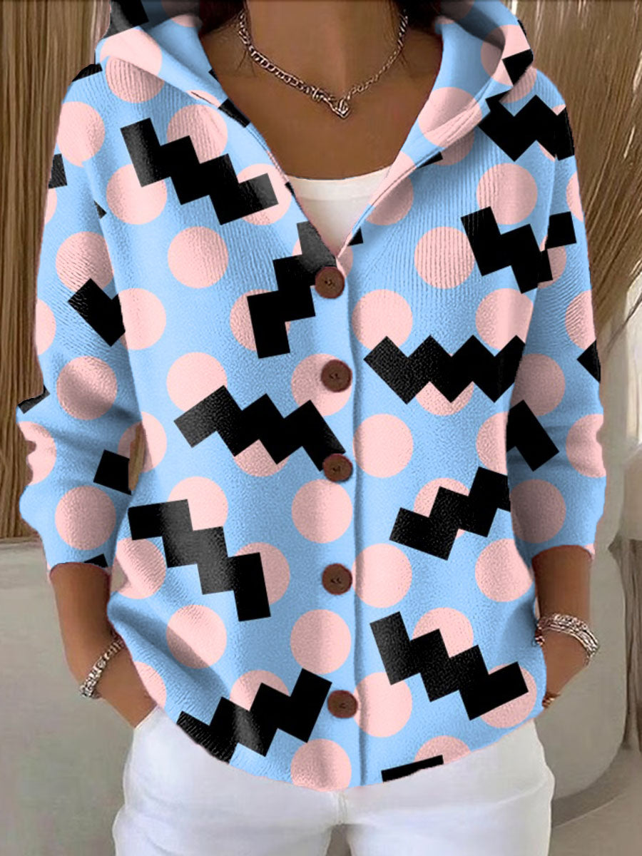 Women's Irregular Graphic Dots Printed Casual Hooded Button Sweater