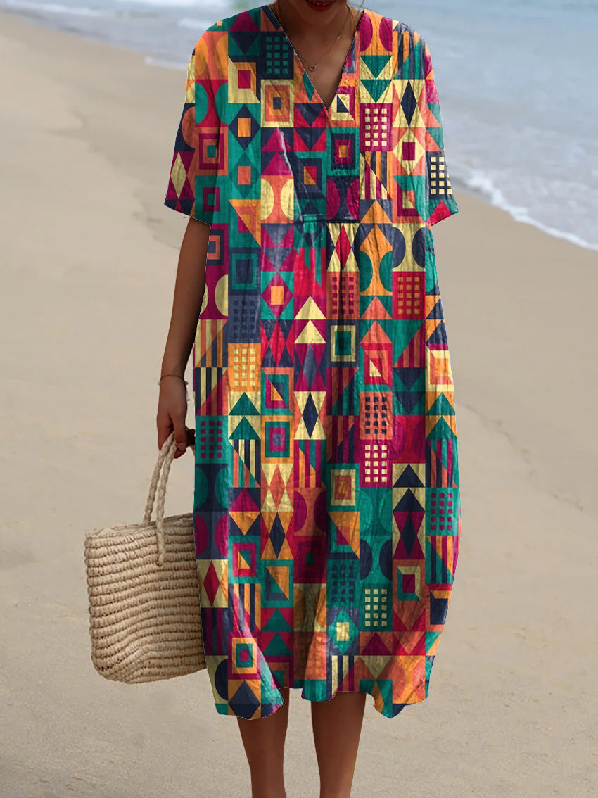 Ethnic Style Geometric Pattern Printed Women's Flowy Dress