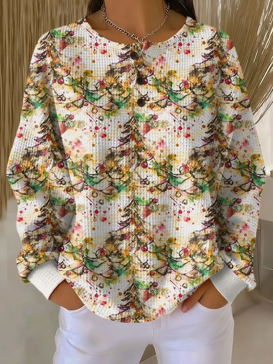 Women's Christmas Tree Pattern Art Print Casual Cotton Shirt