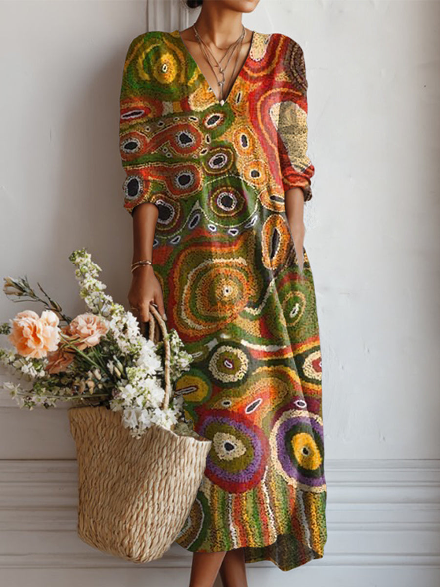 Women's Abstract Colorful Circular Painting Art Print Linen Pocket Dress
