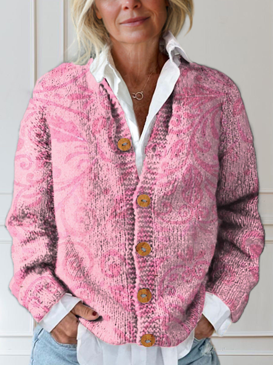 pink-pattern-print-buttoned-cardigan-sweater