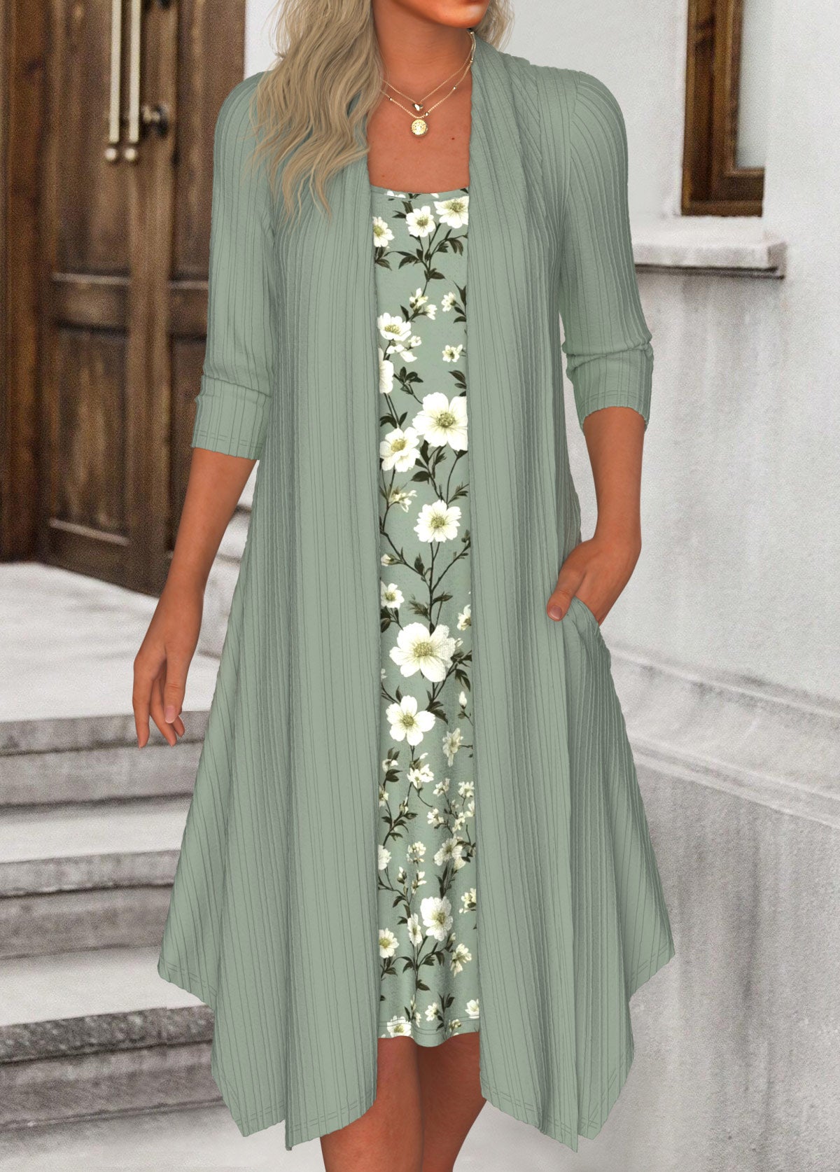 Sage Green Fake 2in1 Floral Print A Line Dress