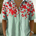 Women's Retro Color-block Floral & Striped Cotton-linen Short-sleeve Shirt