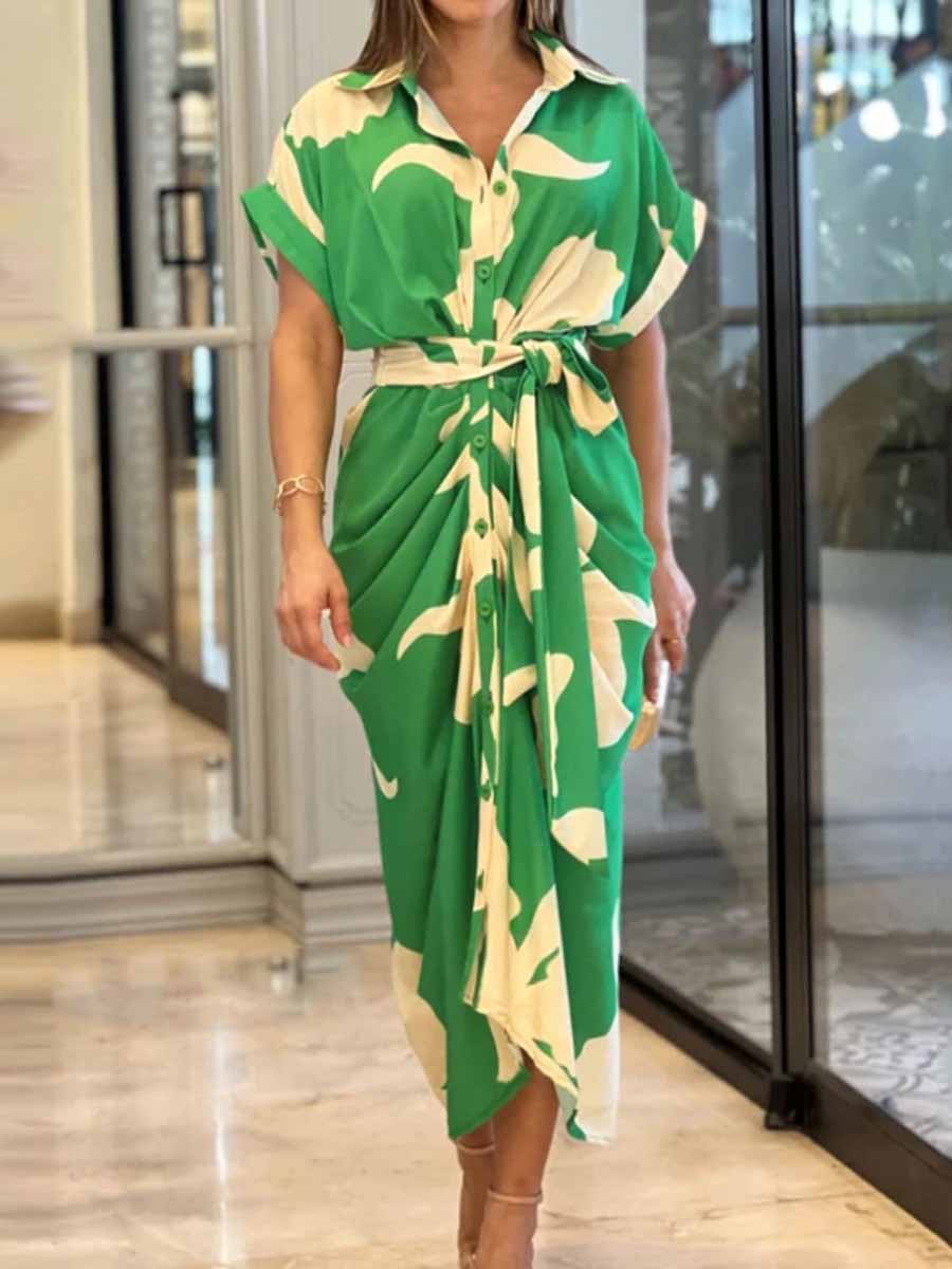 Women's Floral Art Print Loose Casual Lapel High-Waist Shirt Long Dress