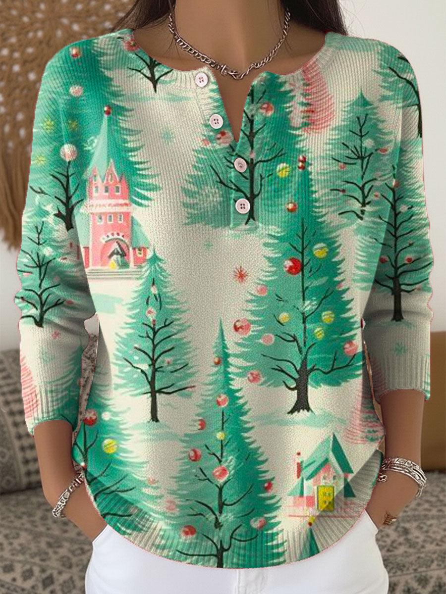 Women's Christmas Tree Art Print Buttoned Cardigan Sweater