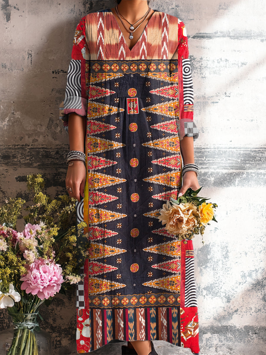 Women's Vintage Ethnic Diamond Geometric Pattern Painting Art Print Dress