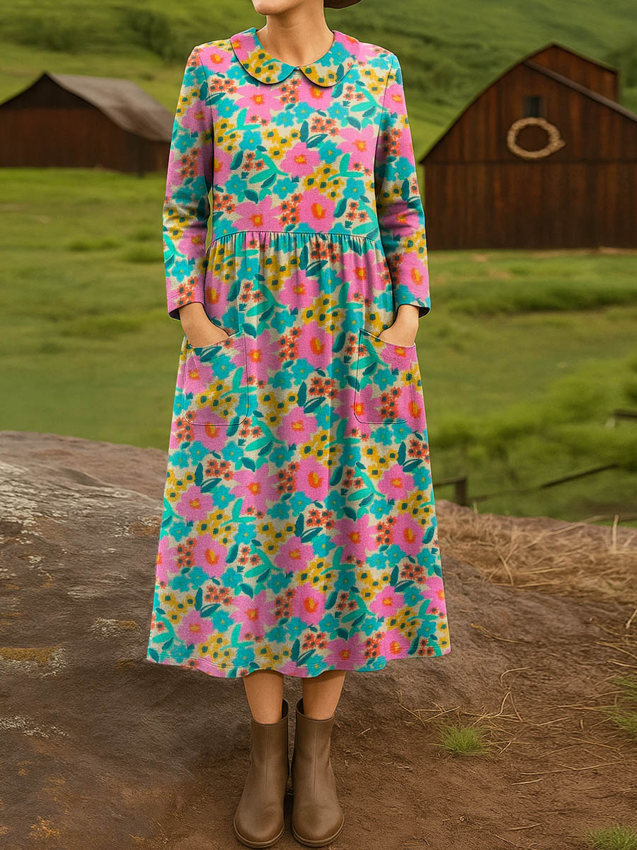 Women's Vintage Floral Art Print Cotton Lapel Shirt Dress