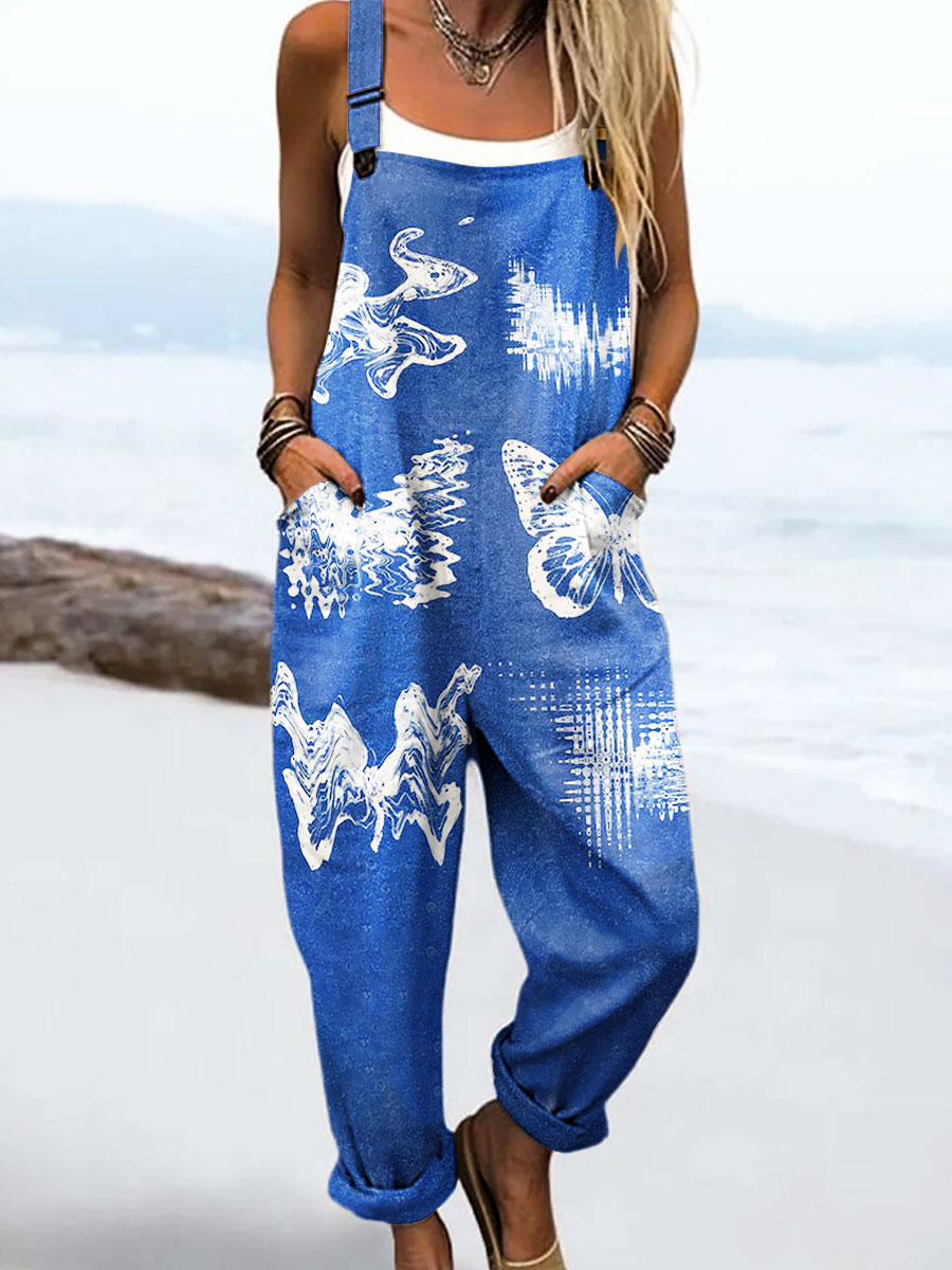 Women's Vintage Abstract Butterfly Art Print Casual 100% Cotton Wide Leg Jumpsuit