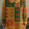 womens-vintage-floral-plaid-painting-art-print-casual-peter-pan-collar-3-4-sleeve-sweater