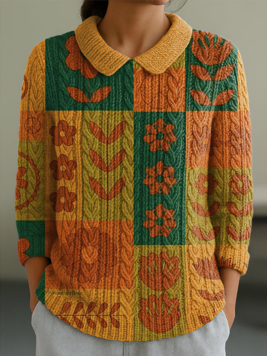 womens-vintage-floral-plaid-painting-art-print-casual-peter-pan-collar-3-4-sleeve-sweater