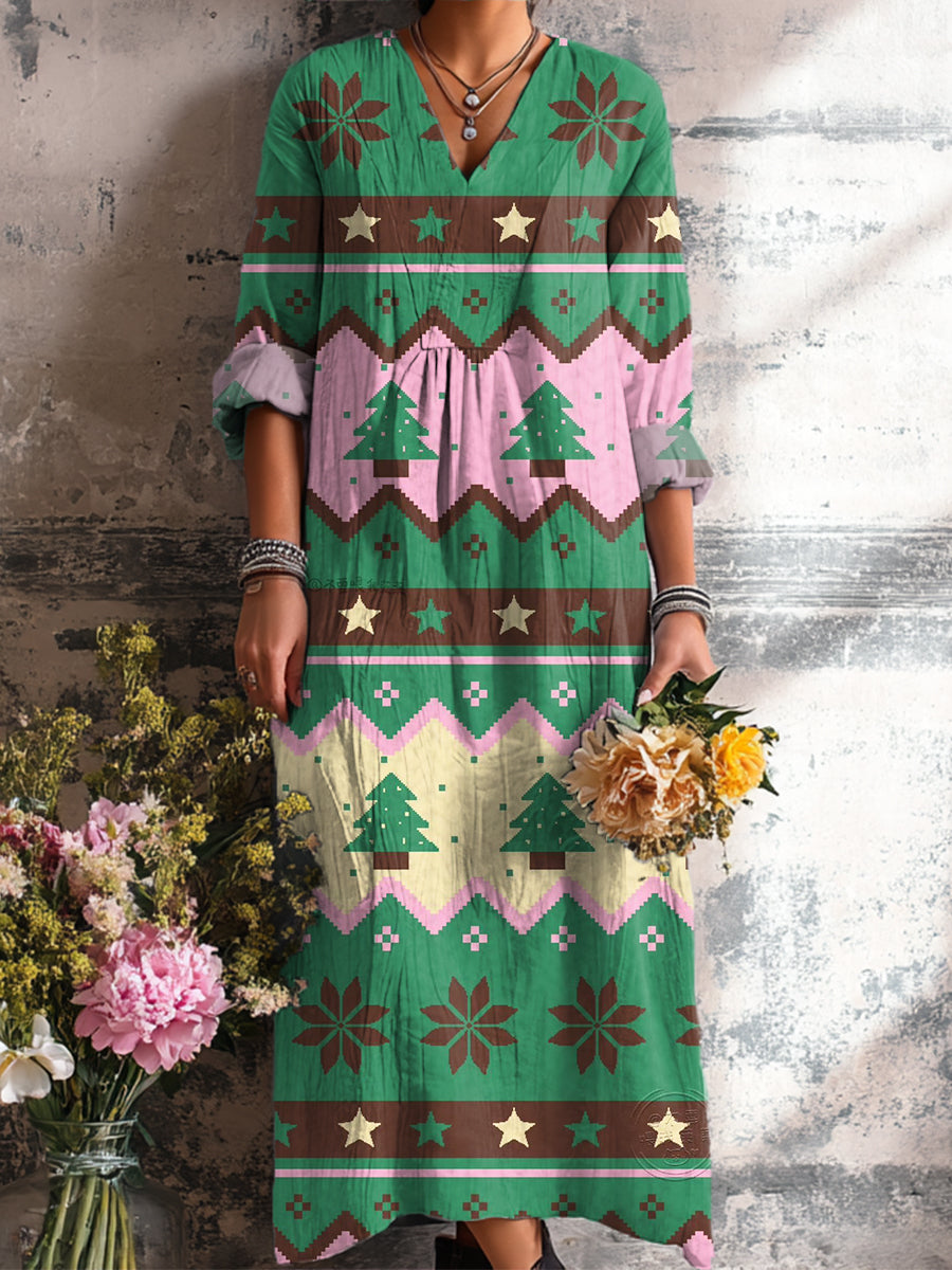 Women's Vintage Winter Christmas Diamond Geometric Pattern Art Print Dress