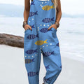 Women's  Fish Vintage Art Print Casual 100% Cotton Wide Leg Jumpsuit